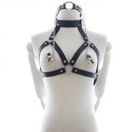 Harnais de bondage pour la poitrine avec ring gag et pince-tetons