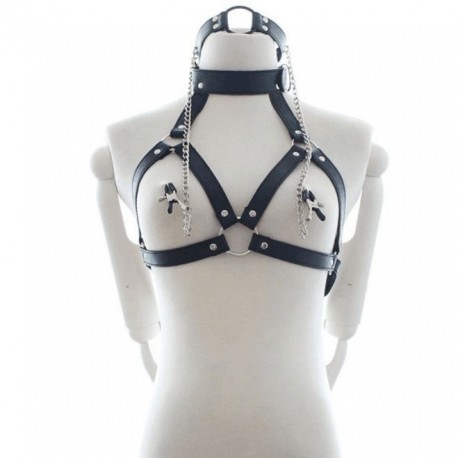 Harnais de bondage pour la poitrine avec ring gag et pince-tetons