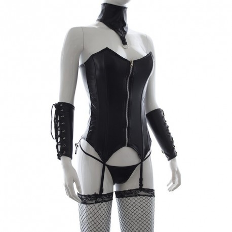 Ensemble corset collier et manchettes en pvc noir